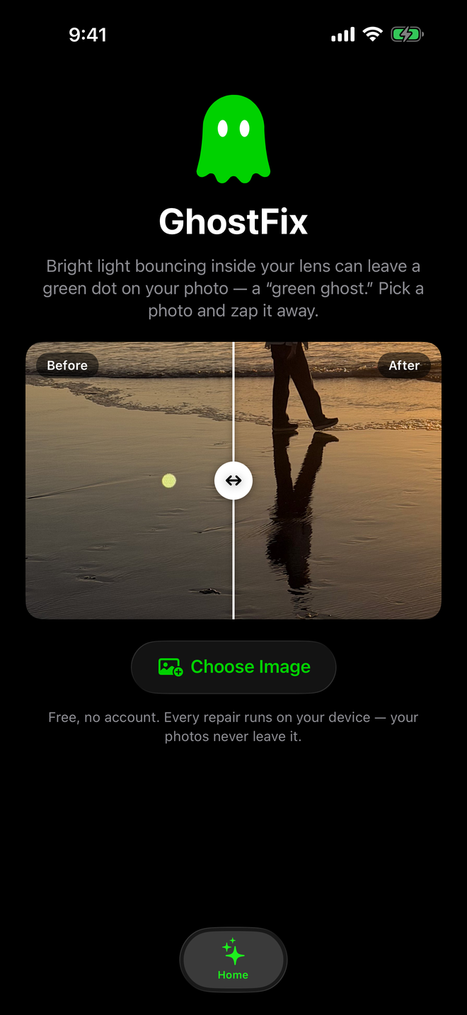 The GhostFix home screen with a before-and-after sample and a Choose Image button